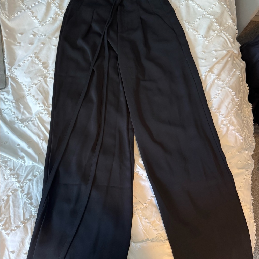 Princess Polly Black Wide-Leg Trousers with wrap around tie